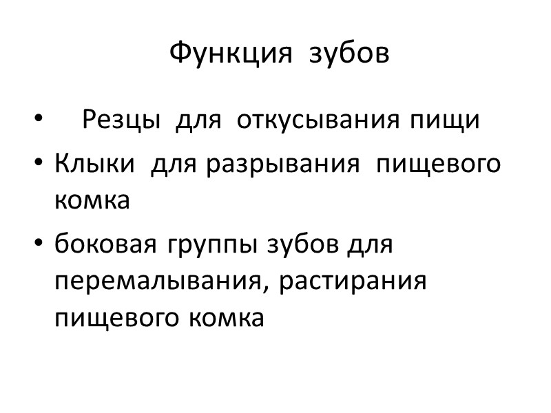 Функция  зубов     Резцы  для  откусывания пищи Клыки